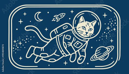 Minimalist line art illustration of a cat astronaut floating in outer space