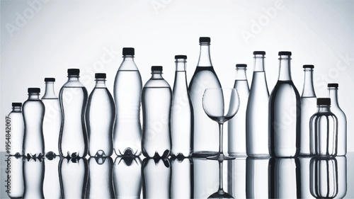 Clear glass bottles filled with water, studio shot with reflections, white background