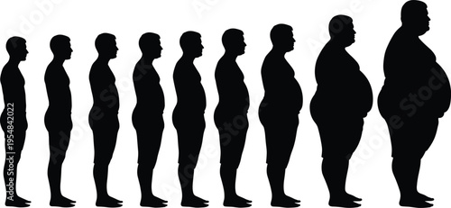 body weight progression silhouette, obesity stages illustration, human transformation, weight gain concept, health risk awareness, fitness comparison, male body changes