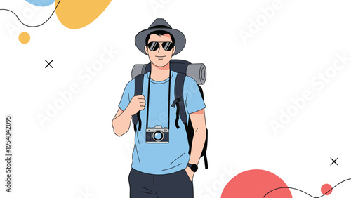 Adventurous young man wearing a hat and sunglasses stands ready for a journey with a large backpack and a camera.