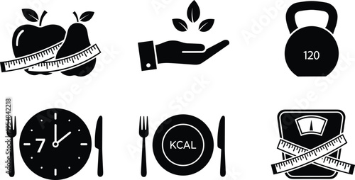 healthy lifestyle icons set, nutrition fitness concept, diet food, calorie control, weight loss, gym workout, wellness routine, vector illustration