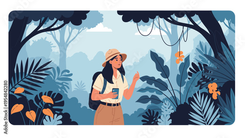 Adventurous woman with a backpack and hat explores a lush tropical jungle filled with exotic plants and colorful flowers.