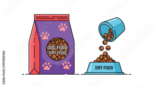 Purple bag of dry dog food sits next to a blue bowl being filled with nutritious kibble pellets from a scoop.