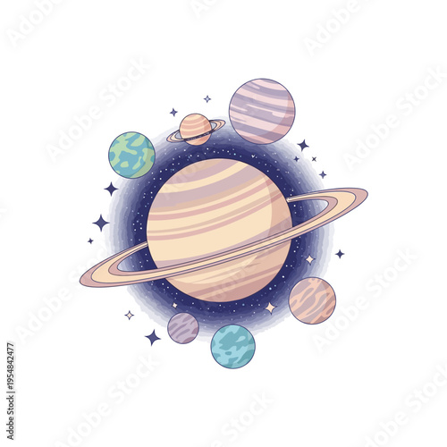 Whimsical Planets and Stars in Space, Cosmic Galaxy Illustration