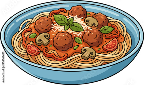 Spaghetti and Meatballs in Tomato Sauce with Mushrooms, Basil and Parmesan, Cartoon Vector Food Illustration in Blue Bowl