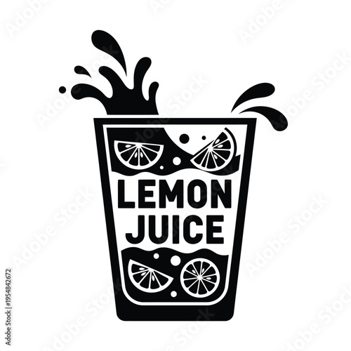 A black and white graphic depicts a tall glass of lemon juice with splashing liquid and citrus slices