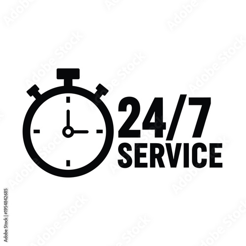 A black stopwatch icon alongside bold text indicating twenty four hour seven day a week service availability