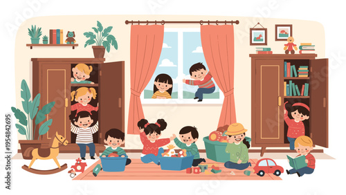 Large group of happy children plays together in a spacious nursery room filled with books, toys, and wooden furniture.