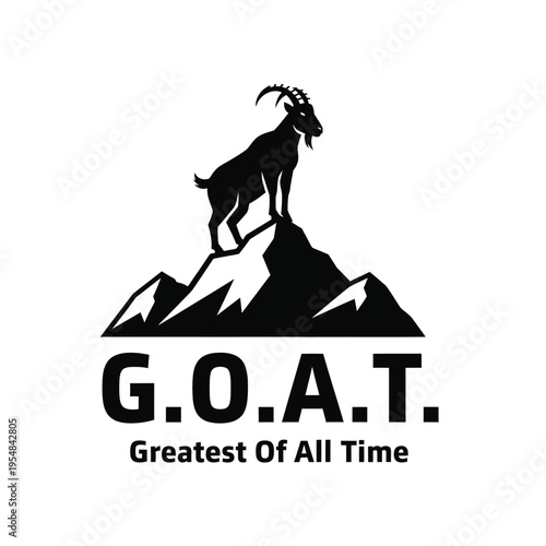 A striking black silhouette of a goat perched atop a rocky peak with the acronym g o a t below