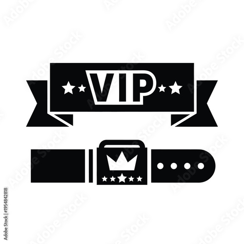 A black and white illustration depicts a vip ribbon banner and a championship belt with stars