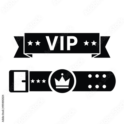 A black and white illustration depicts a vip ribbon banner and a championship belt with stars high quality professional