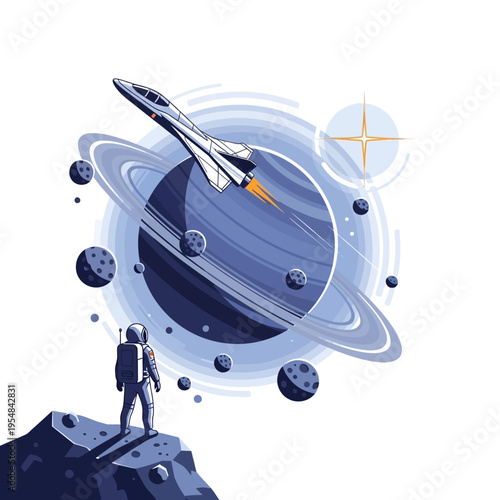 Astronaut gazing at spaceship orbiting ringed planet in deep space, futuristic sci-fi illustration.