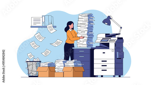 Overwhelmed office worker struggles with an enormous mountain of paperwork next to a busy, high-speed photocopier machine.