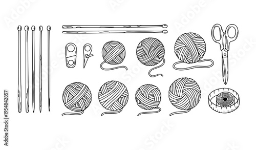 Minimalist knitting accessories vector illustration set with yarn, needles, scissors, and stitch markers