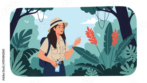 Determined female explorer hikes through a lush tropical jungle while carrying a water bottle and observing exotic flowers.