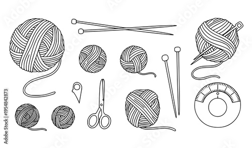 Hand-drawn knitting and crochet tools vector doodle set for hobby and craft illustrations
