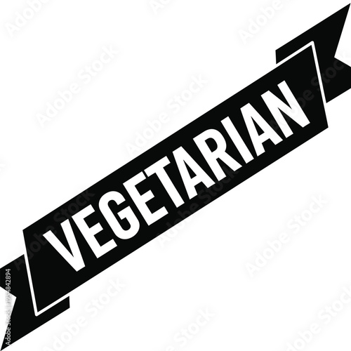 A black ribbon banner prominently displays the word vegetarian in bold capital letters against a white background