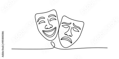 Continuous line drawing of comedy and tragedy theater masks representing drama and performance.