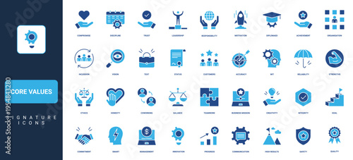 Core values, business integrity and quality of communication, high results glyph icon set. Mission and target, goal progress, teamwork commitment solid symbols vector illustration