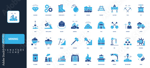 Mining, mine extraction equipment and underground tunnel with iron ore, coal glyph icon set. Mineral and gold mining, digging, miners equipment solid symbols vector illustration