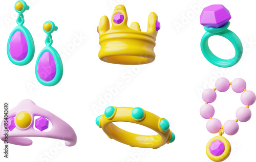 Luxury jewelry elements vector 3D collection, colorful ring, crown, earrings, necklace bracelet with gemstone, diamond