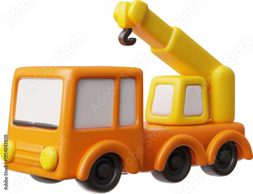 3D toy tow truck with a cabin and crane, orange and yellow colors.