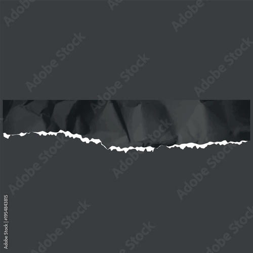 Black crumpled torn paper strip, vector realistic torn sheet of paper fragment, wrinkled scrap with straight upper edge