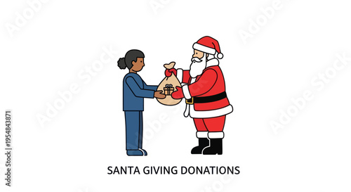 Santa Claus character giving a sack of money as a charitable donation to a woman.