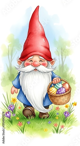Easter Gnome with Basket of Colorful Eggs in a Spring Garden.