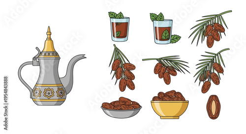 Traditional Arabic Coffee Pot and Dates with Mint Tea Glasses.