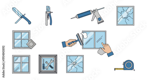 A set of cartoon icons depicting window repair glazing tools and the installation process.