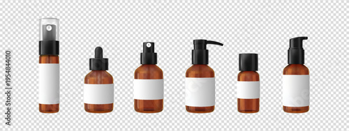 A set of realistic amber bottles with various dispensers and blank white labels.