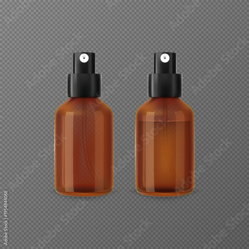 Realistic amber glass spray bottles empty and filled vector mockup, brown dispensers with spray nozzles, aerosol package