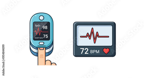 Fingertip Pulse Oximeter and Heart Rate Monitor Icon Set Illustration.