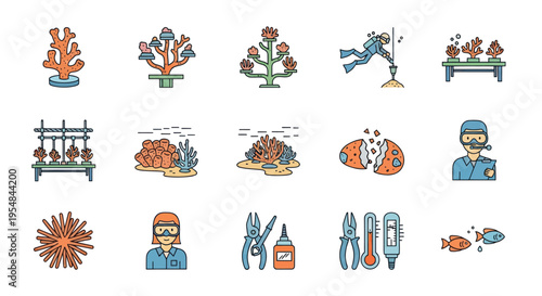 Collection of Colorful Coral Reef and Scuba Diving Icons.