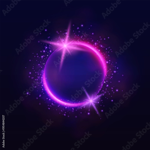 Purple neon halo sphere with pink round frame of smoke and sparks, vector glowing ring with luminous on dark background