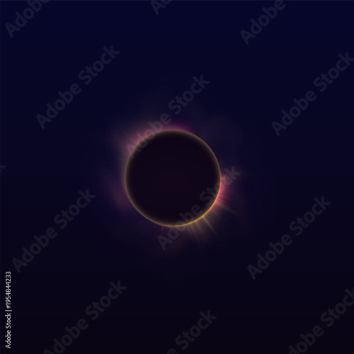A realistic solar eclipse with a halo, yellow-pink rays of light, and fog, against.