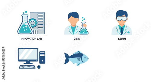 Diverse scientific and technological icons including lab computer and fish.