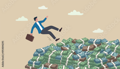 Insurance, reserve money or emergency fund on business failure, mistake accident, compensation money support cushion concept, fail businessman falling huge in money banknotes safety cushion