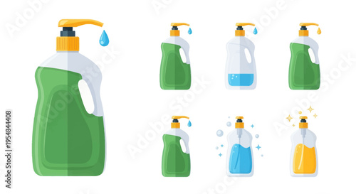 Collection of colorful soap dispensers with pump and drop hygiene products.