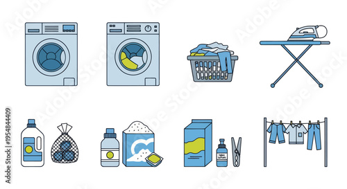 Collection of laundry appliances and accessories for washing and ironing clothes.