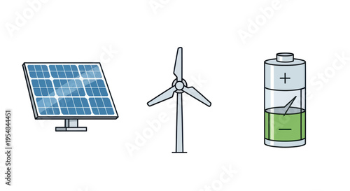 Renewable energy sources and energy storage system icons.