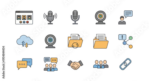 Colorful Vector Icons for Online Communication Video Conferencing Cloud Storage and Business Collaboration.