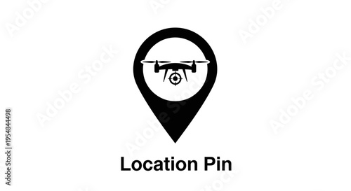 A black location pin map marker icon featuring a silhouette of a quadcopter drone inside.