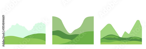 Set of abstract green hills and mountains landscapes in flat design. Soft gradients and clean shapes isolated on white, ideal for backgrounds, banners, web interfaces, eco branding and creative