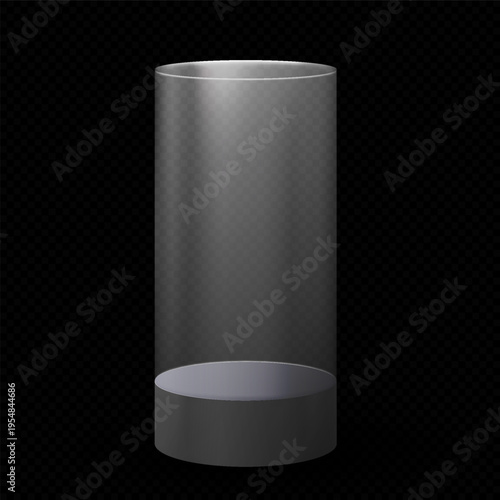 A transparent glass cylindrical podium with a gray base on a black isolated background.
