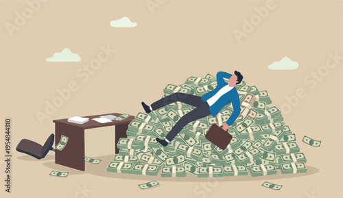  Insurance, reserve money or emergency fund on business failure, mistake or accident, compensation or money support and cushion concept, fail businessman falling on huge big desk money banknotes