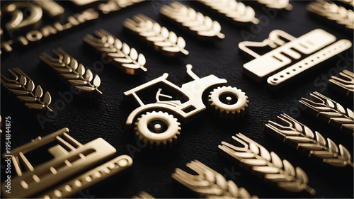 Golden icons of tractors and wheat stalks for agriculture and farming concepts with farm equipment