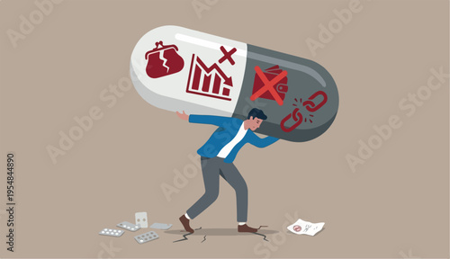  Medical debt, health care and treatment cost from Covid-19 disease, hospital expense drug medicine bills concept, broke too bankrupt man carrying giant medicine debt burden after cure from COVID-19.