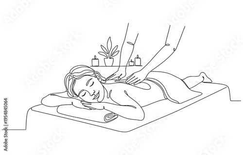 Single continuous line drawing woman patient lying on massage table therapist doing healing treatment massaging injured.